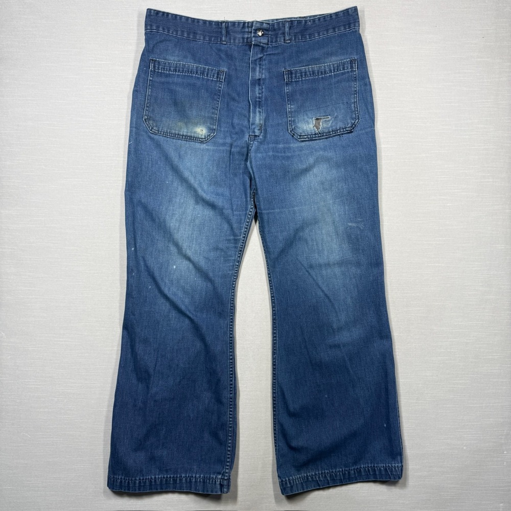 Vtg Seafarer Denim Jeans 39X32 Bell Bottoms Utility Nautical Navy USN Distressed